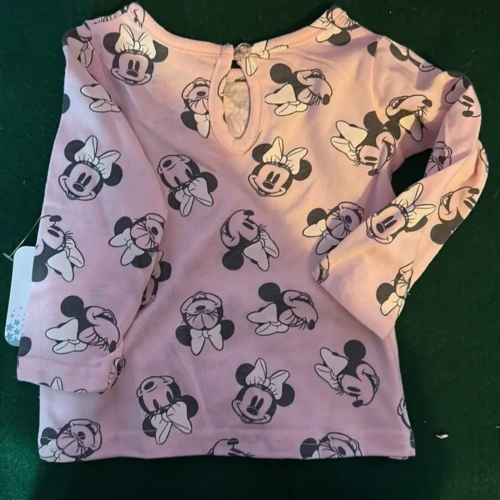 Disney Minnie Mouse Pink & Gray Pinafore Dress Set Baby Girls Size 12 Months